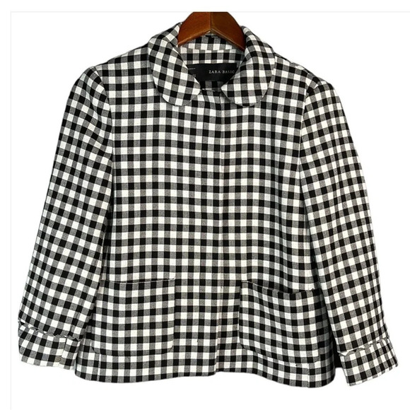 ZARA Blazer Black White Gingham Checkered Snap Closure Pockets Preppy Size S - Picture 2 of 12